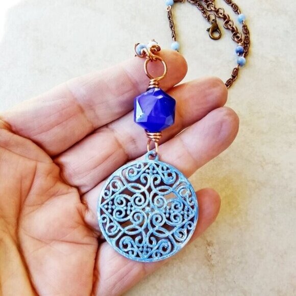 NEW! Patina Hand Painted Medallion + Blue Catseye + Copper Bohemian Necklace - Picture 4 of 10